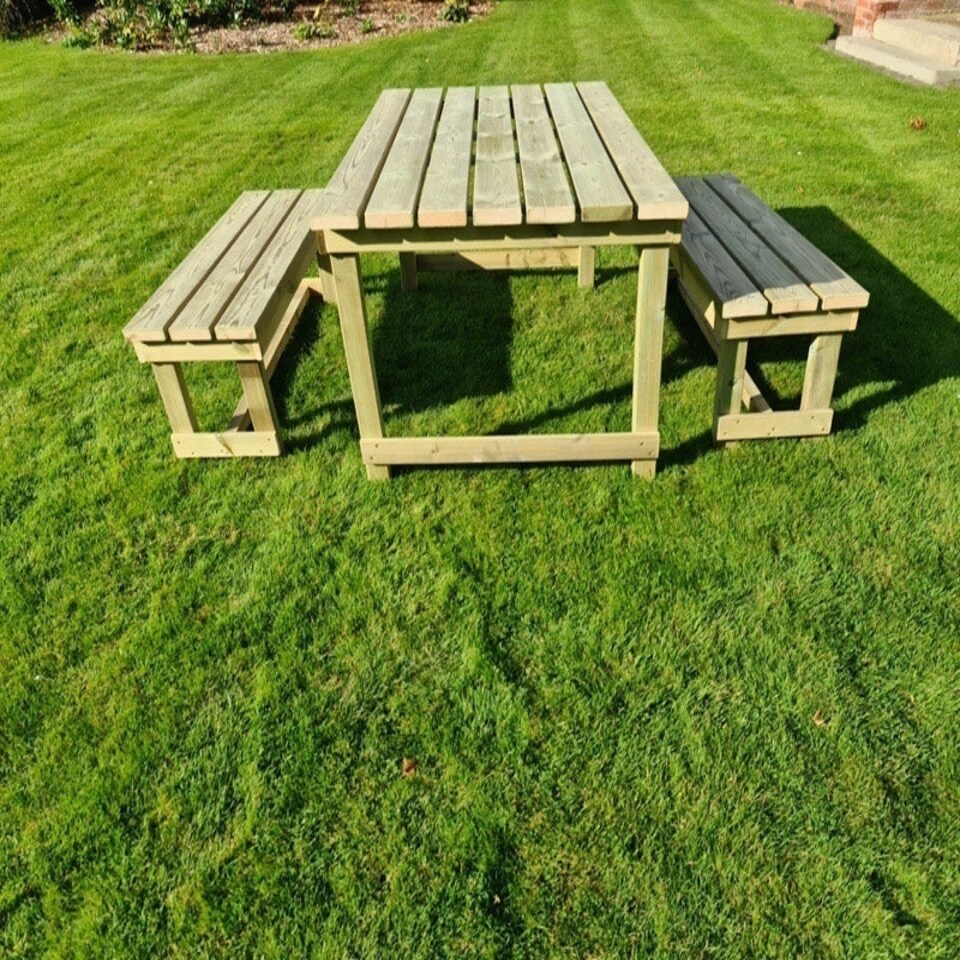Butcher Table Set, Wooden Outdoor Garden Furniture, Alfresco Dining Set w/ Benches - L150 x W93 x H77 cm - Min. Assembly Required