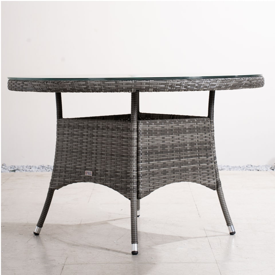 image 1 of Direct Wicker Outdoor 4 Person Rattan Round Dining Table, Aluminum Frame with Tempered Glass Top, Umbrella Hole | Grey