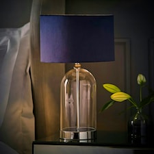 ValueLights Jessy Glass and Black Metal Bedside Table Lamp with a Navy Blue Velvet Lampshade - Bulb Included Blue