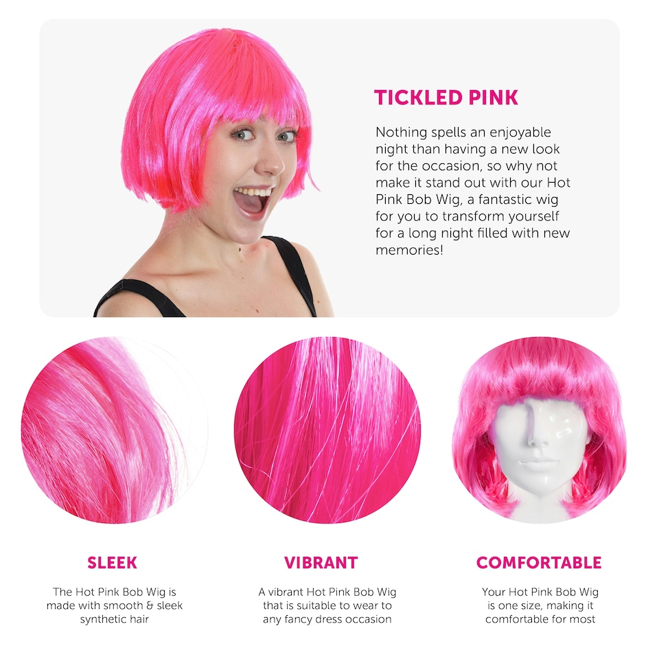 image 1 of Adults Hot Pink Bob Wig – Bright Fancy Dress Hairpiece for Parties & Costumes Pink | One Size