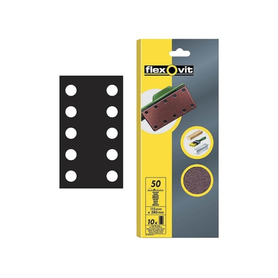 Flexovit 1/2 Perforated Sanding Sheets - Multi Colour - 10 Hole Configuration, 115 x 280mm