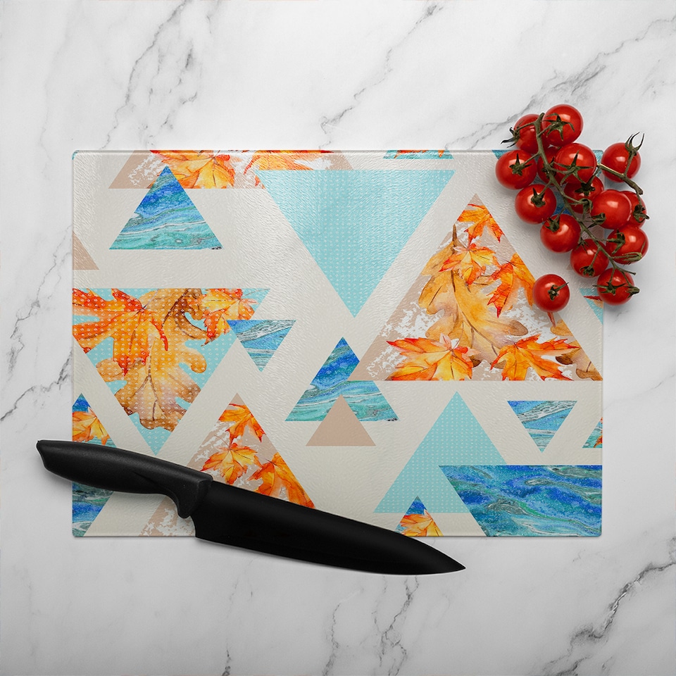 image 1 of Triangles With Maple Oak Leaves Marble Glass Chopping Board | Multi