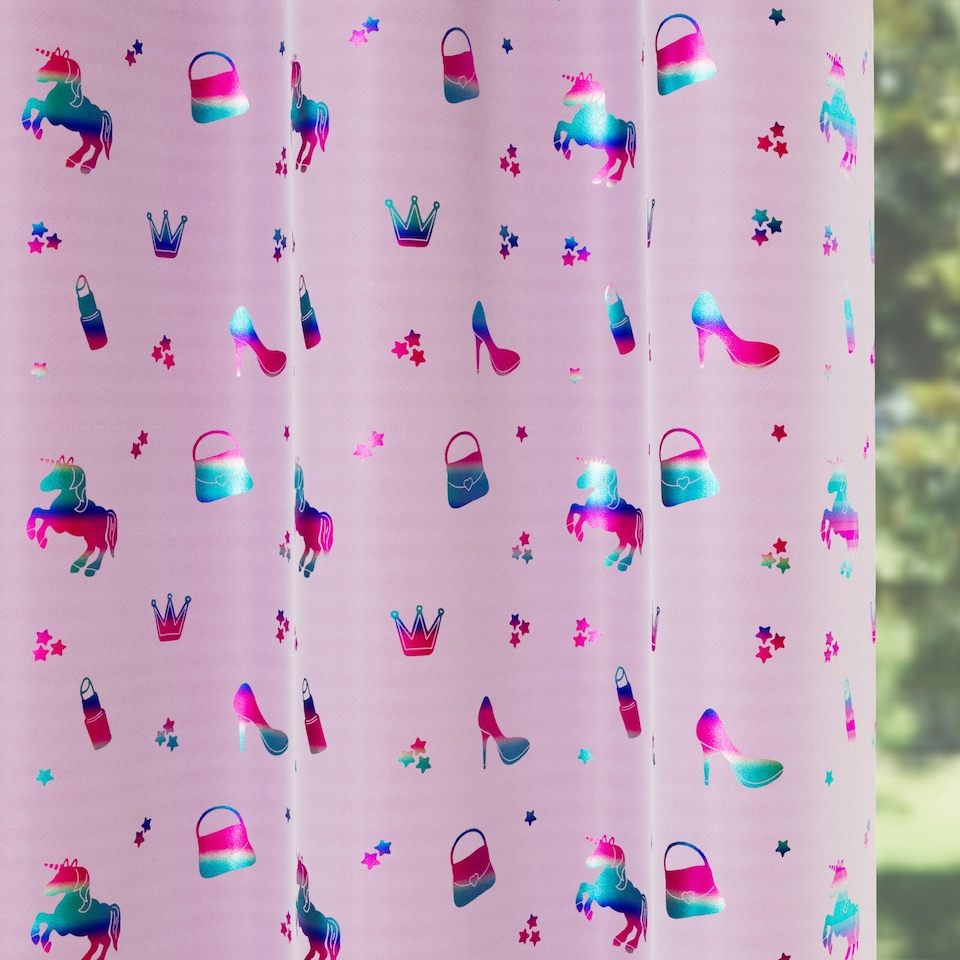 image 1 of Pair of Charm Pink Metallic Print Kids Curtains 46 x 54 inch (117 x 137 cm) Room Darkening Eyelet Thermal Noise Reducing Curtains for Bedroom