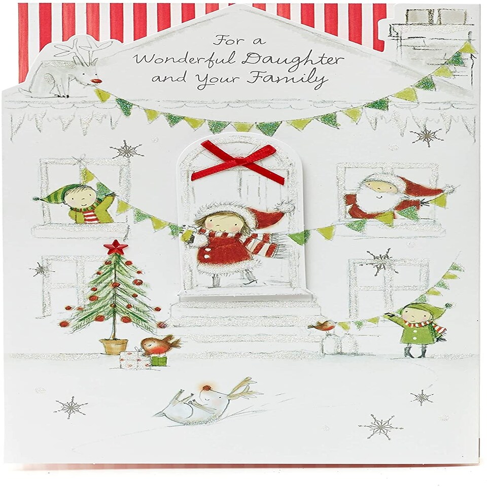 image 1 of Daughter and Family Christmas Card with Red Bow