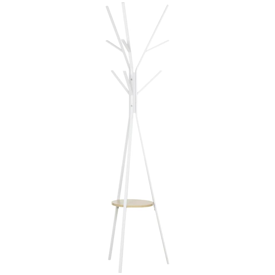 image 1 of HOMCOM Freestanding Metal Coat Rack Stand 9 Hooks Clothes Tree with 1 Shelf Hat Display Hall Tree Hanger Bag Umbrella Hanging Organiser White