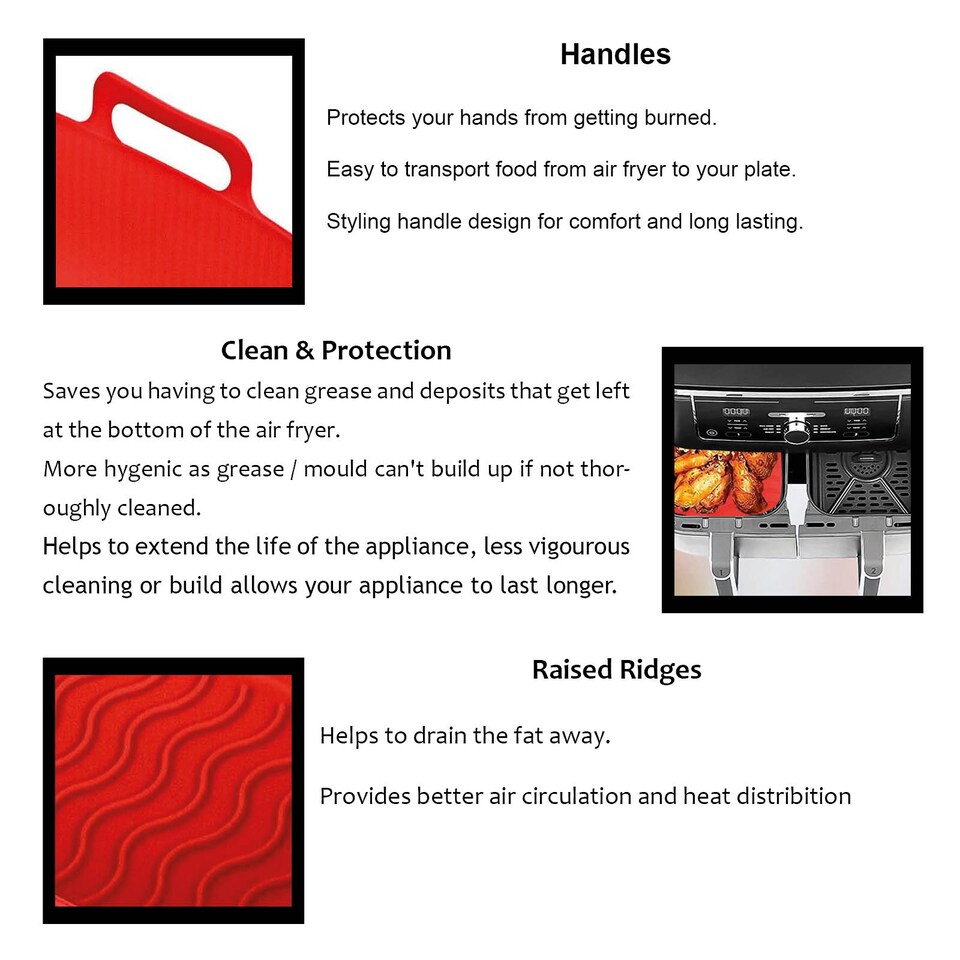 image 1 of SPARES2GO Silicone Basket Drawer Liners for Tower T17088 T17100 Vortx 9L Air Fryer (Pack of 2, Red)