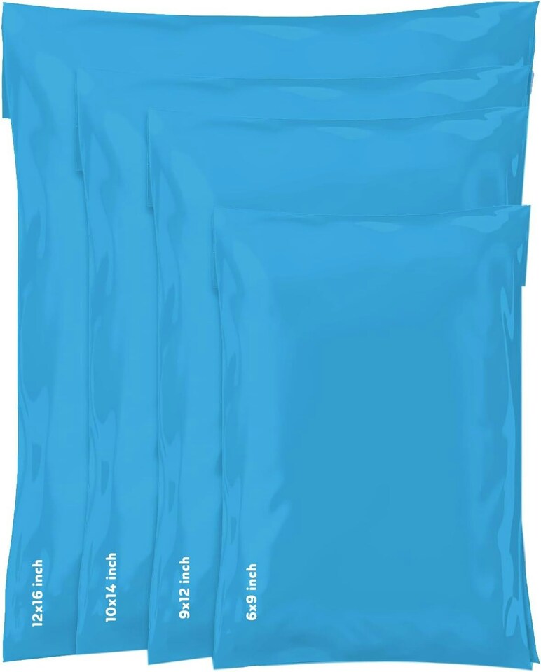 image 1 of Straame 100 Assorted Blue Postal Bags, Self-Seal, Flexible, Tear-Proof, 4 Sizes, 25 Each | Blue | DL | 100