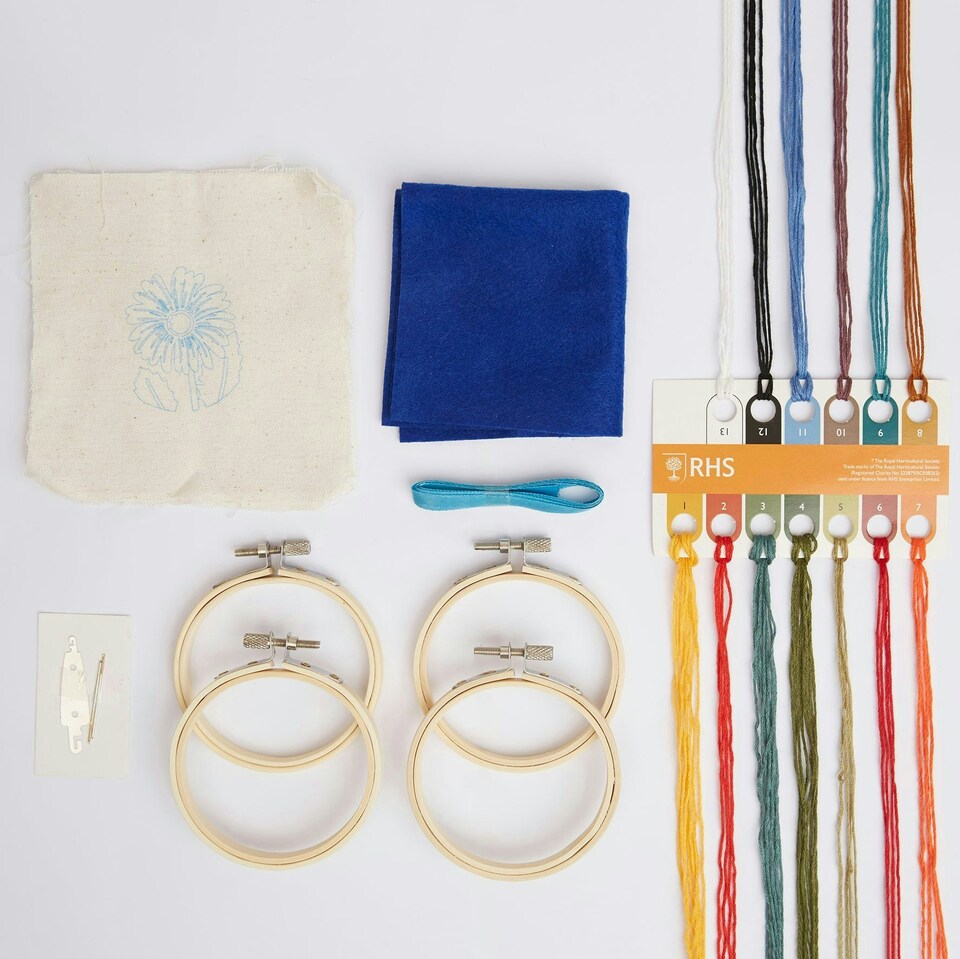 image 1 of RHS Embroidery Hoop Decoration Kit, Pack Of 4, In the Garden