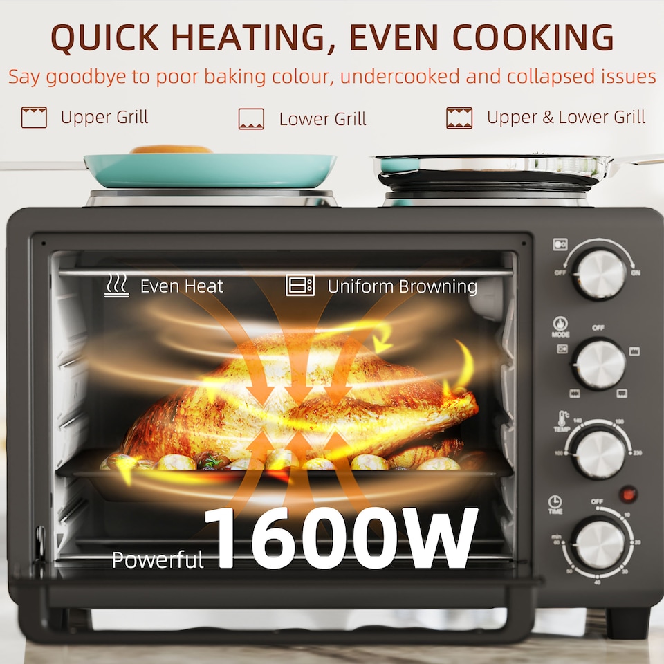 image 1 of HOMCOM 28L Mini Oven with 2 Hot Plates, Countertop Toaster Oven, Grill, Roast, Bake, Boil, with Timer, Adjustable Temperature, Electric Oven with Baking Tray, Grill Rack, Crumb Tray, 2600W, Black