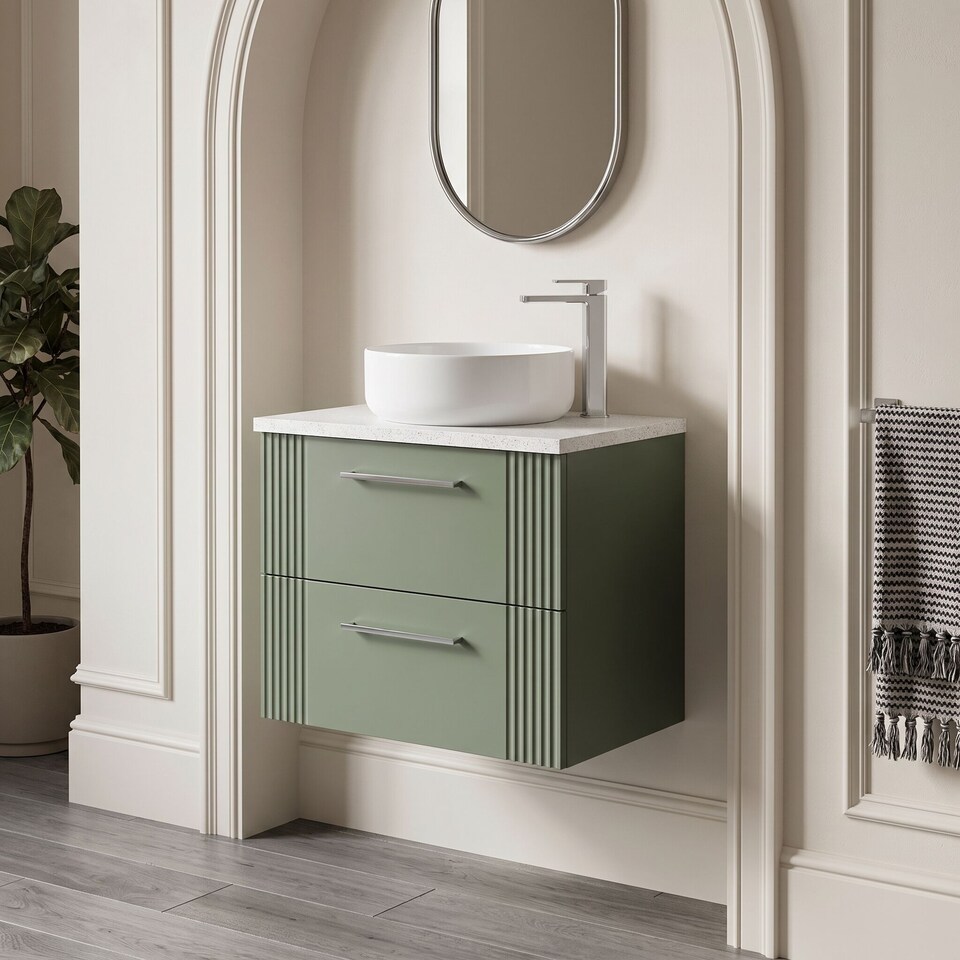 image 1 of Balterley Partial Fluted 2 Drawer Wall Hung Vanity Unit with Sparkling Laminate Worktop | Green | Satin Green