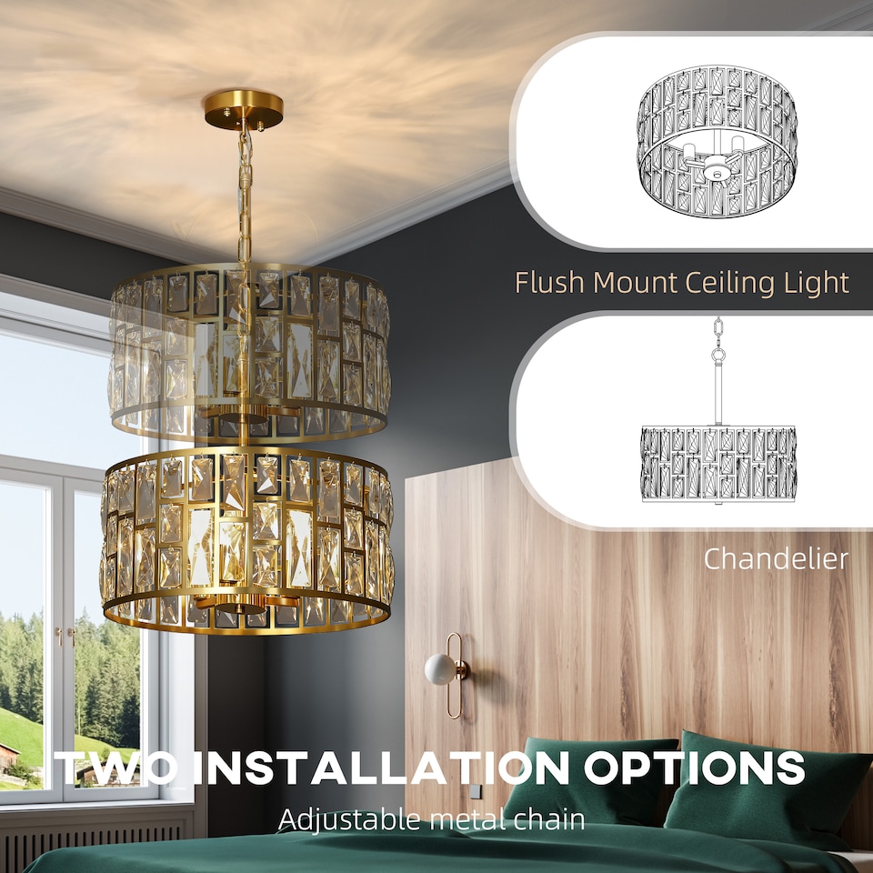 image 1 of HOMCOM Modern Flush Mount Ceiling Light, Crystal Chandelier for Living Room | Gold