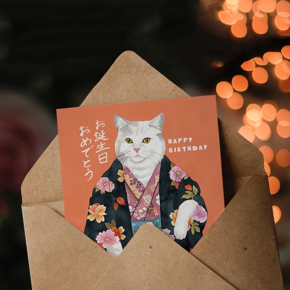 image 1 of White Cat Lover Pet in Floral Japanese Kimono Birthday Card