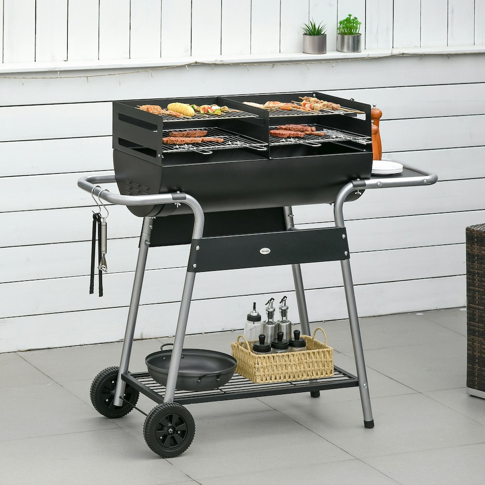 image 1 of Outsunny Charcoal BBQ Grill with Double Grill, Table, Storage Shelf and Wheels