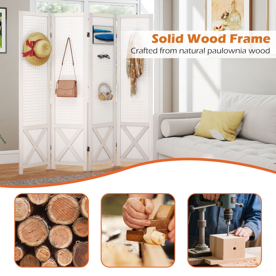 image 1 of COSTWAY 4 Panel 162 x 170cm Folding Room Divider with Pegboard Display