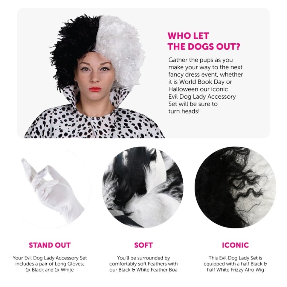image 1 of Evil Dog Lady Accessory Set - Wig, Gloves, Boa & Fake Cigarettes Black | One Size