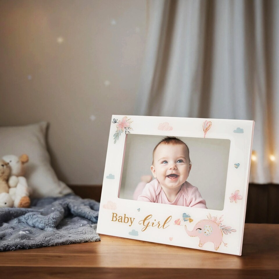 image 1 of Little ones Girl Little ones Picture Frame with Soft Pastel Pink Elephant and Hearts