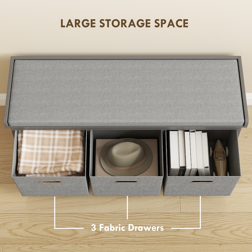 image 1 of HOMCOM Shoe Bench with 3 Fabric Baskets, Shoe Storage Bench with Seat Cushion, Shoe Cabinet for Entryway, Hallway, Living Room, Bedroom, Grey | Grey | Grey