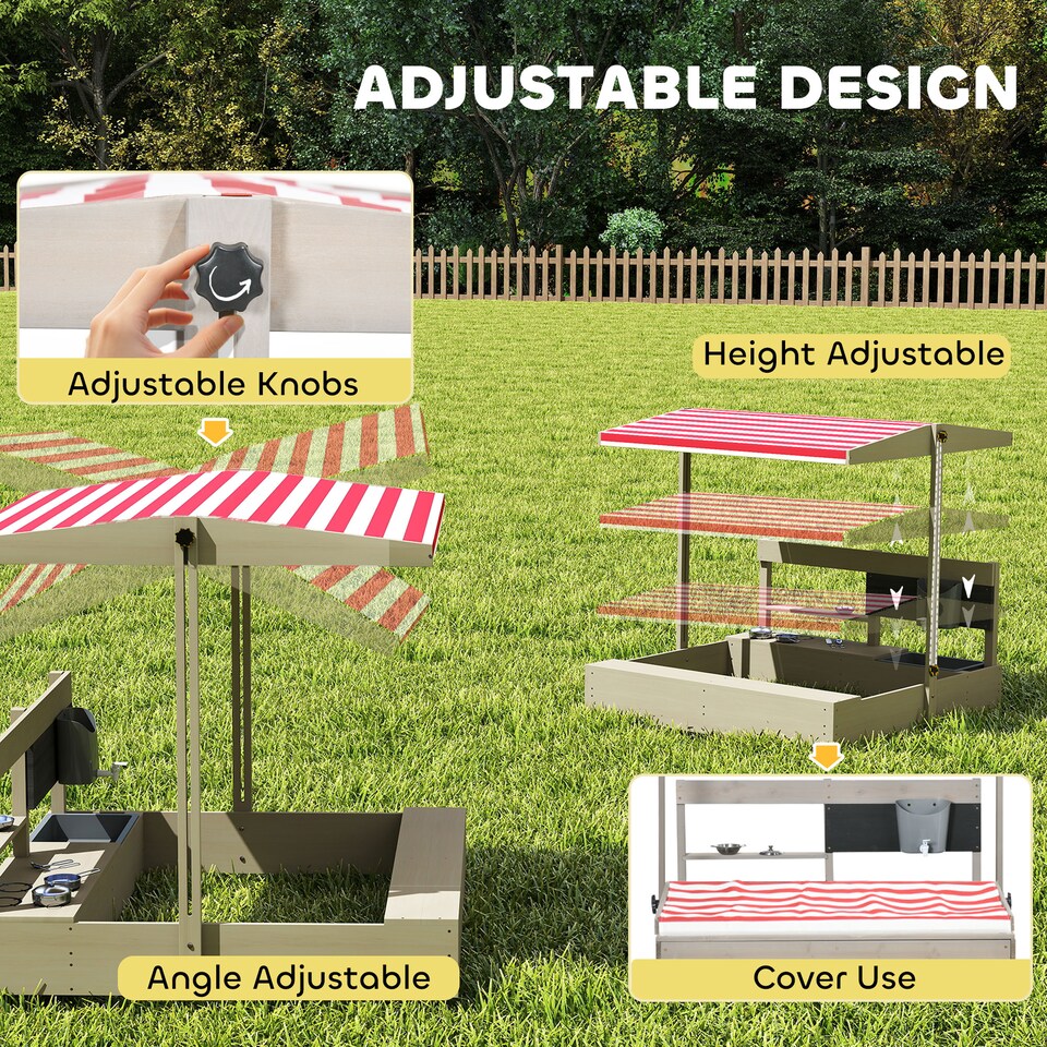 image 1 of Outsunny Kids Wooden Sandbox w/ Canopy, Kitchen Toys, Seat, Storage, for Outdoor