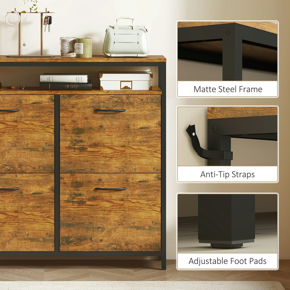 image 1 of HOMCOM Shoe Cabinet with 4 Flip Drawers, Holds 12-20 Pairs Brown | 98W x 24D x 95H cm