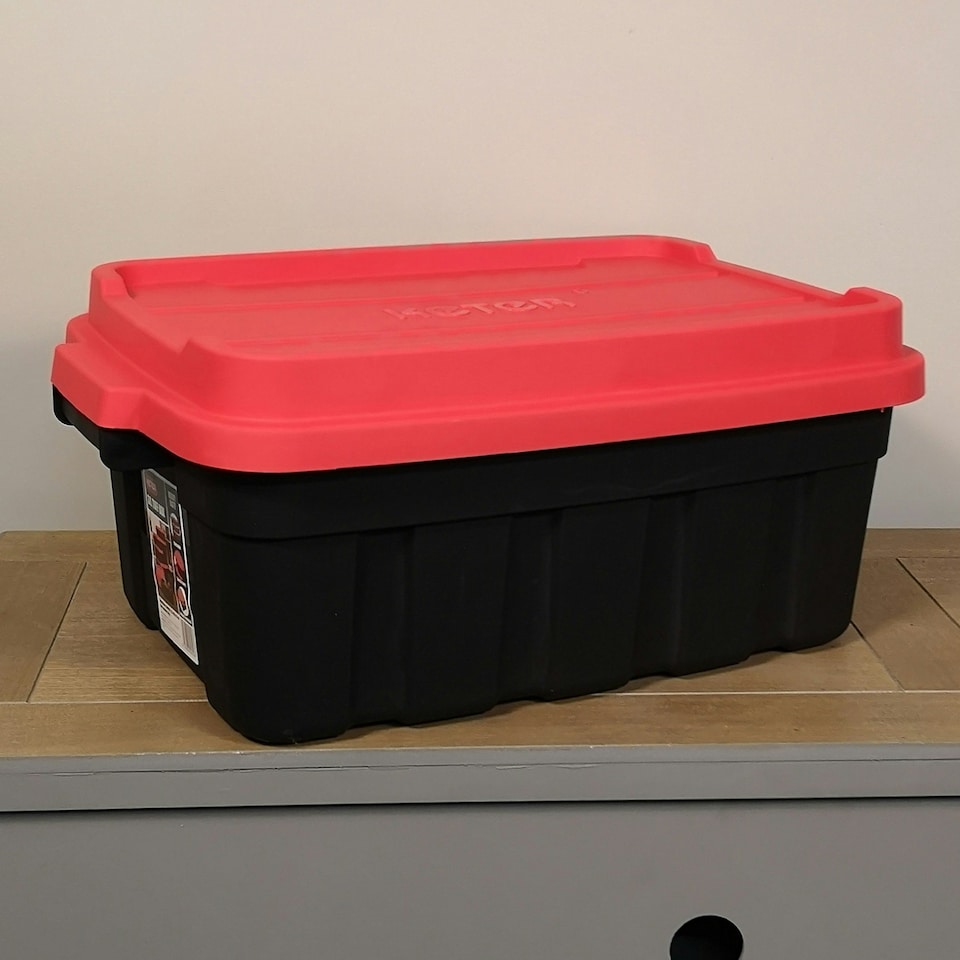 image 1 of 37L Black and Red Tuff Stackable Storage Box with Lid and Carry Handles Black