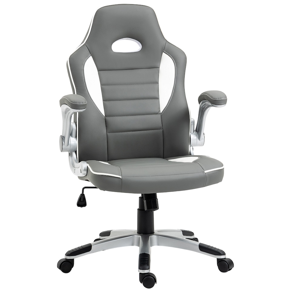 image 1 of Vinsetto Computer Gaming Chair, Office Desk Swivel Chair, PU Leather Racing Chair with 90 Flip-up Armrest, Adjustable Height and Rolling Wheels, Grey