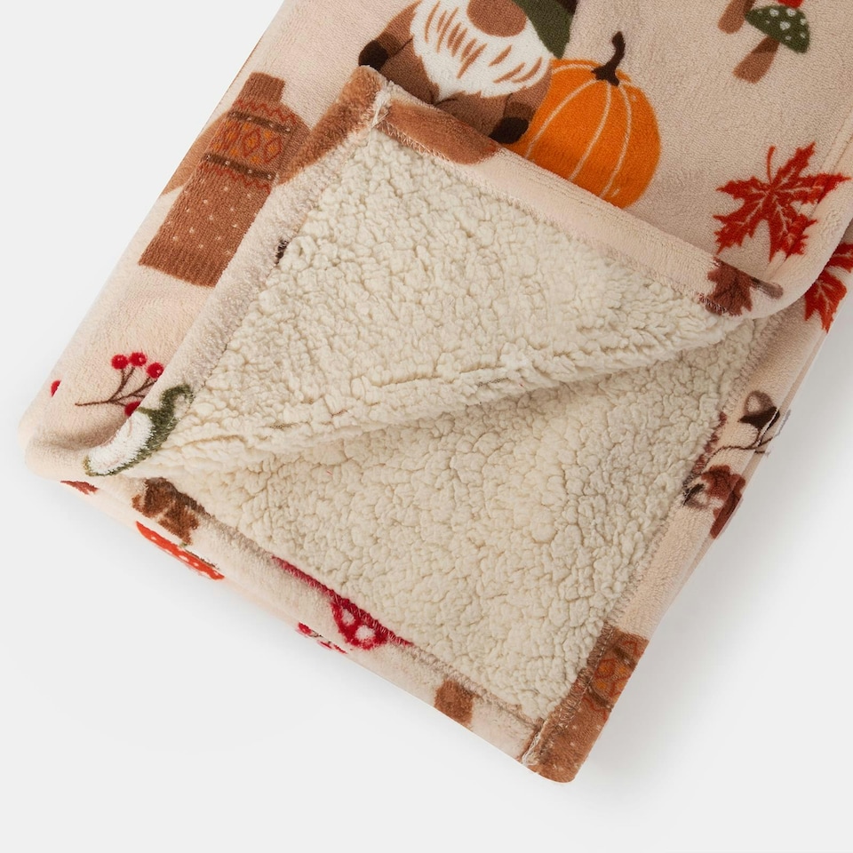 image 1 of OHS Autumnal Gonk Printed Sherpa Fleece Reverse Blanket Throw 125x150cm - Natural