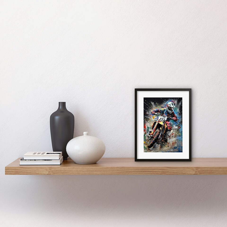 image 1 of Motocross Race Action Shot Extreme Sport Painting 9x7" Black Framed Wall Art Print