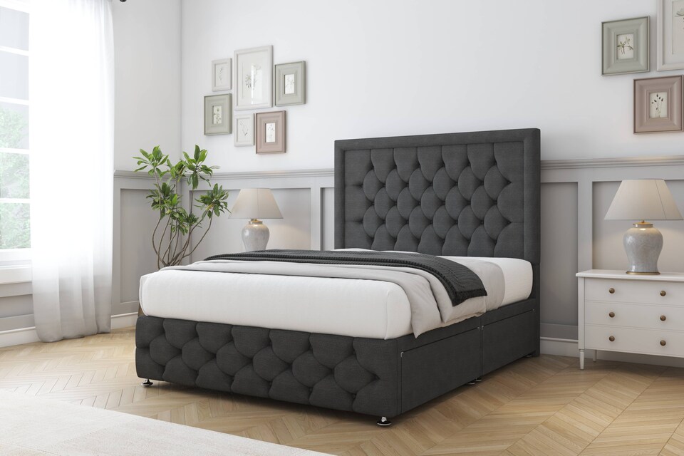 image 1 of Sloomy Vienna Graphite Dumfries Divan Bed Base 2 Drawers Right Side With 54 Inch Floor Standing Headboard & 12 Inch Matching Footboard | Grey | Graphite | Small Single | 1