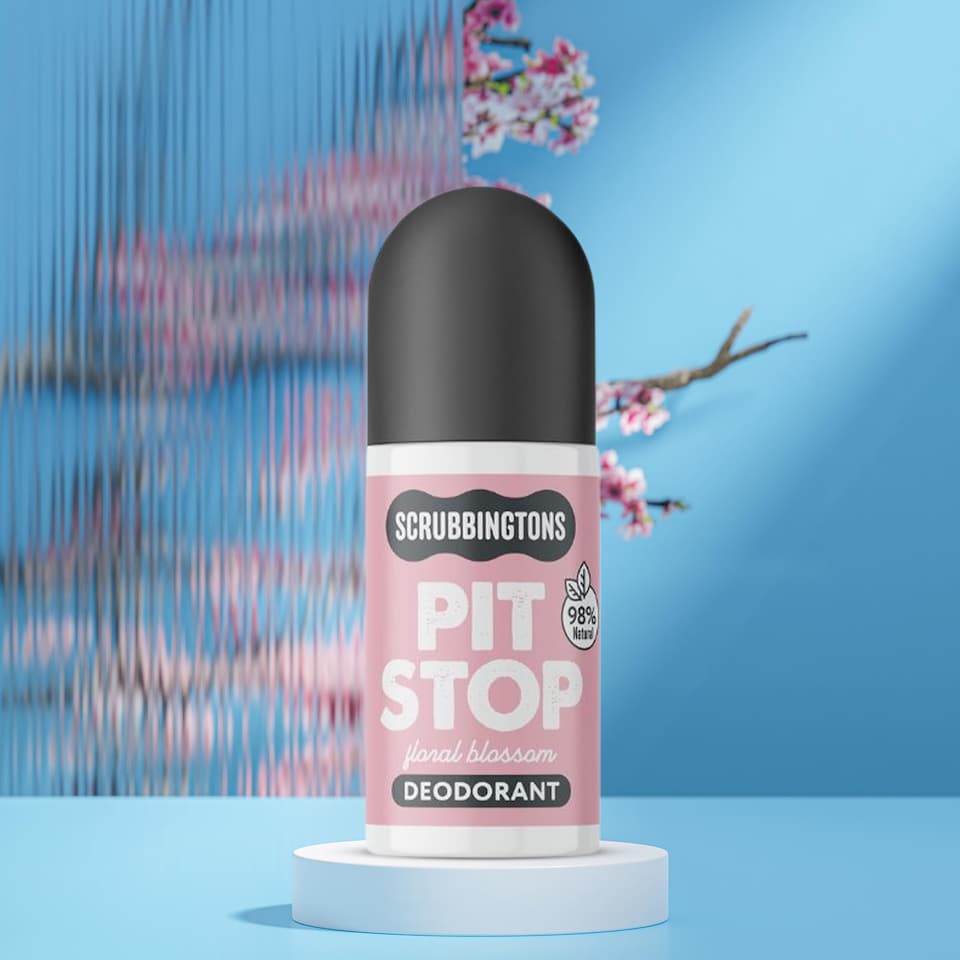 image 1 of Scrubbingtons Pit Stop Natural Deodorant For Women, Roll on For Sensitive Skin Made in UK. Paediatrician approved, Aluminium & Alcohol Free, Vegan & Cruelty Free, Floral Blossom, 75ml | White | White | 1