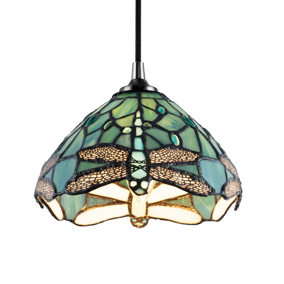 image 1 of Dragonfly Themed Emerald Stained Glass Tiffany Pendant Lighting Shade with Beads | Green