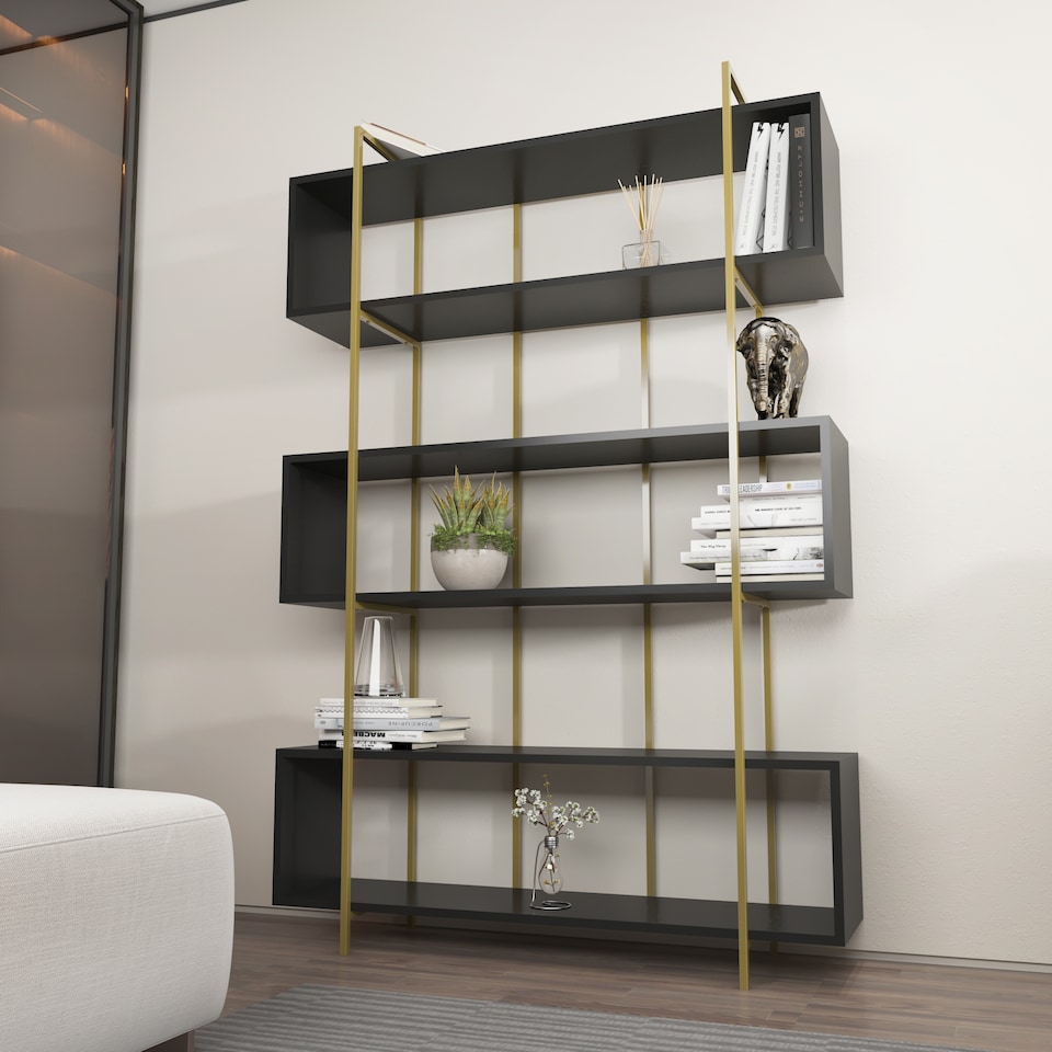 image 1 of Decorotika Bruti Freestanding Metal Frame Bookcase 180 cm H x 120 cm W x 29,6 cm D | Multi | Anthracite  and Gold | 1