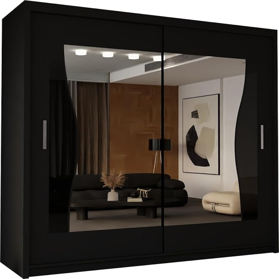 image 1 of Modern Sliding Wardrobe 203cm with Wavy Mirror Design | White, Black, Grey, Oak Finish Black | Black203cm