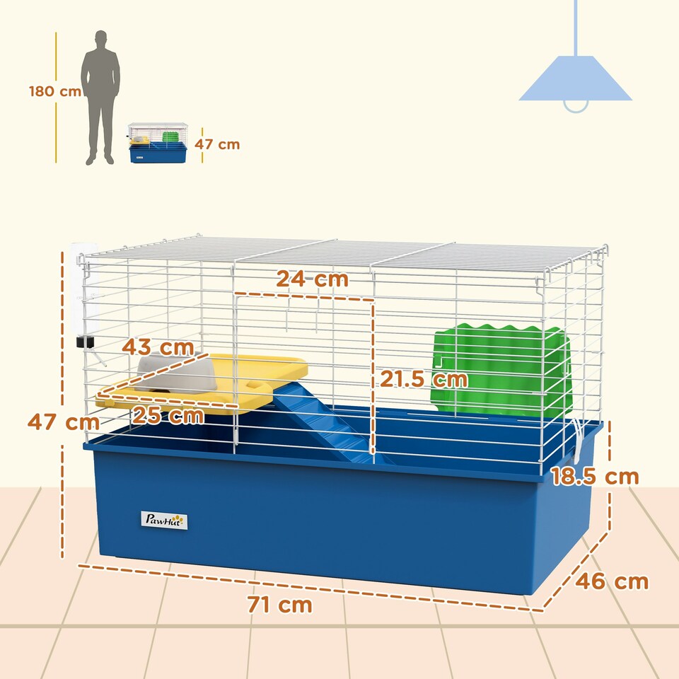 image 1 of PawHut Small Animal Cage, Rabbit Guinea Pig Hutch, Pet Playhouse, Blue