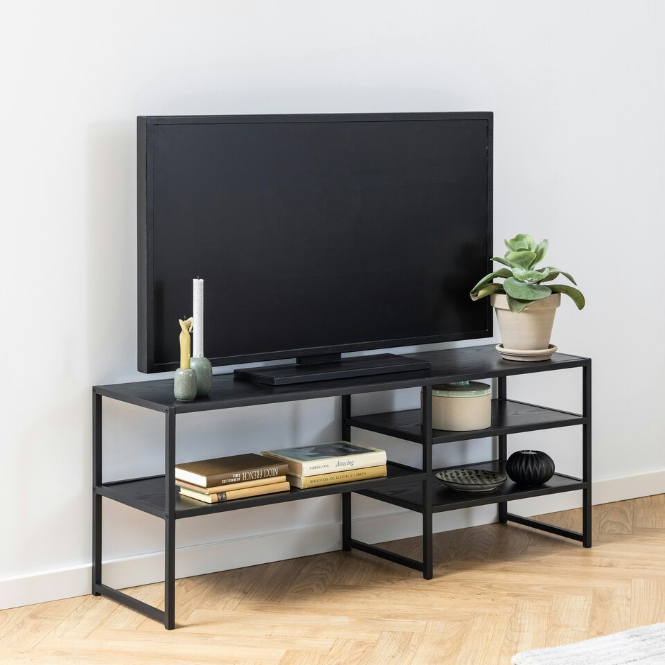 image 1 of Seaford Black Metal Open TV Unit with 3 Black Shelves