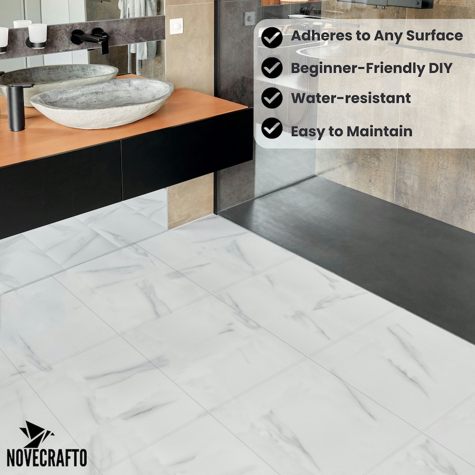 image 1 of NOVECRAFTO Vinyl Floor Tiles Self Adhesive – 18x18in Peel and Stick Waterproof Square Flooring for Kitchen, Bathroom & More – White Marble Design White | 4.17 sqm