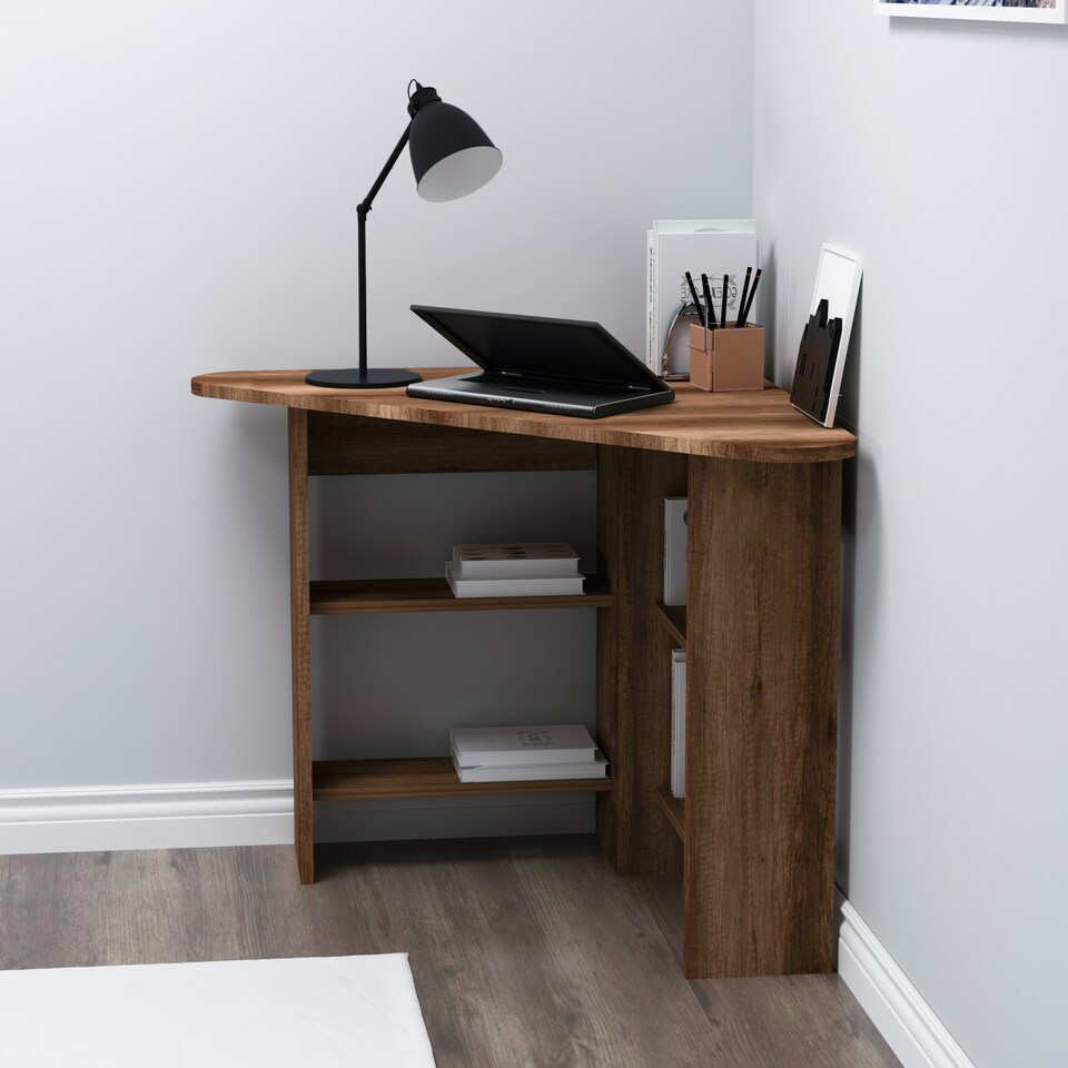 image 1 of Corner Computer Desk with Shelves | Brown | Light Walnut | 1