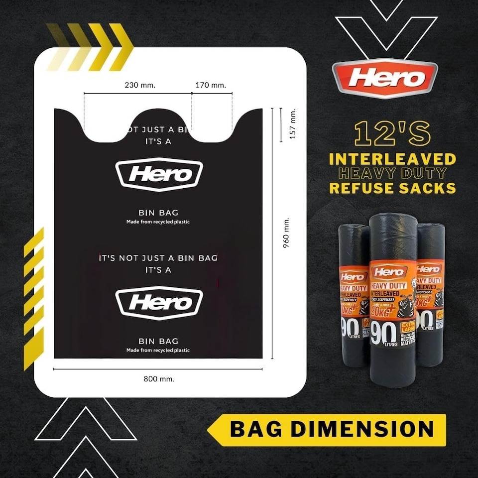 image 1 of Hero 90L Extra Heavy Duty Black Bin Bags – Strong Refuse Sacks | 12 Bags per Roll for Household, Garden & Commercial Use
