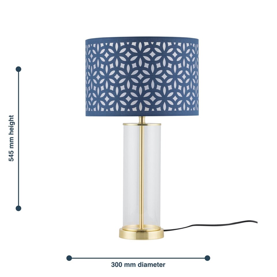 image 1 of Aura - Satin Brass Table Lamp with Navy Blue Cut Out Shade | Gold | Blue | Large | 1