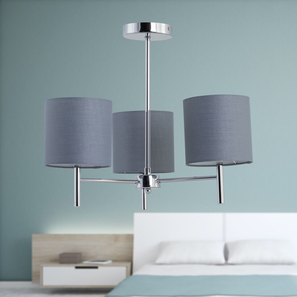 image 1 of Brea - Chrome 3 Light Fitting with Grey Cotton Shade | Chrome | Grey | 1