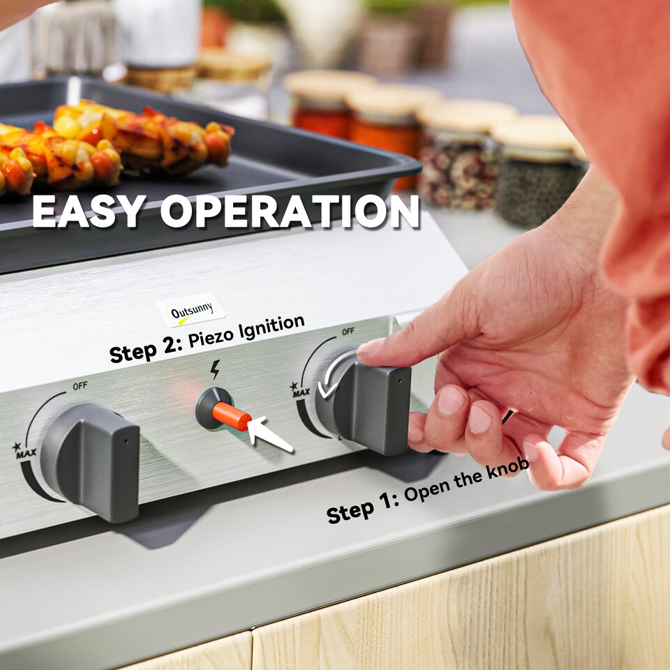 image 1 of Outsunny Gas Barbecue Grill with Non-Stick Griddle for Camping, Silver Tone