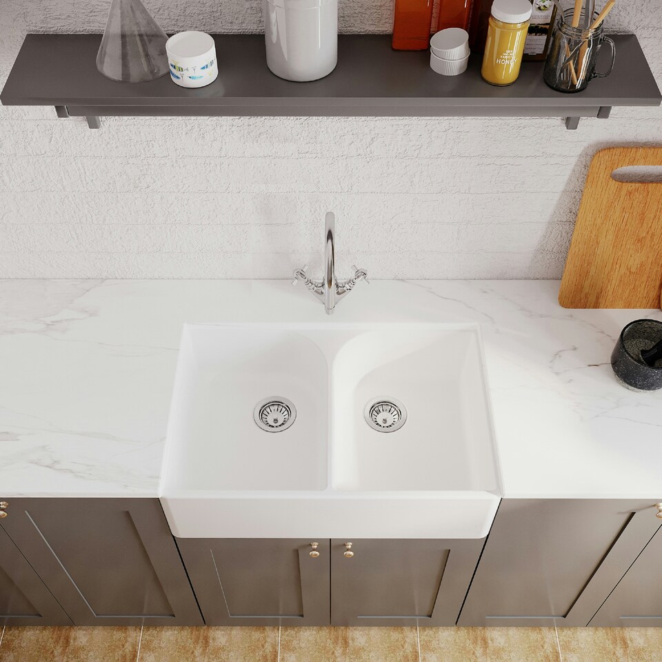 image 1 of 795mm - Fireclay Double Bowl Full Weir Butler Kitchen Sink -  Mono Mixer Tap & Waste