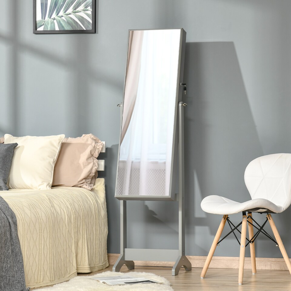 image 1 of HOMCOM Full Length Mirror with Storage, Jewellery Cabinet with Mirror, Adjustable Angle and Stand, Lockable Jewellery Organiser for Bedroom Dressing Room, Grey