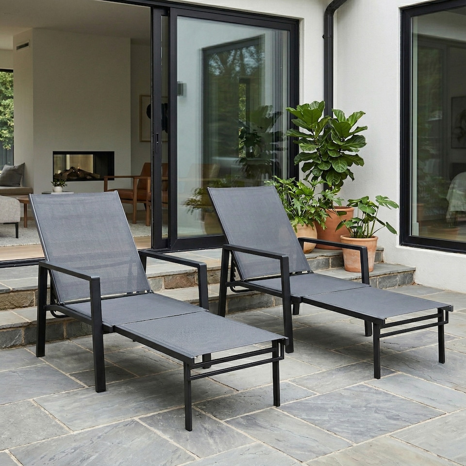 image 1 of Outsunny Sun Loungers Set of 2 w/ Retractable Footrest 5-Position Adjustable | Grey | One Size