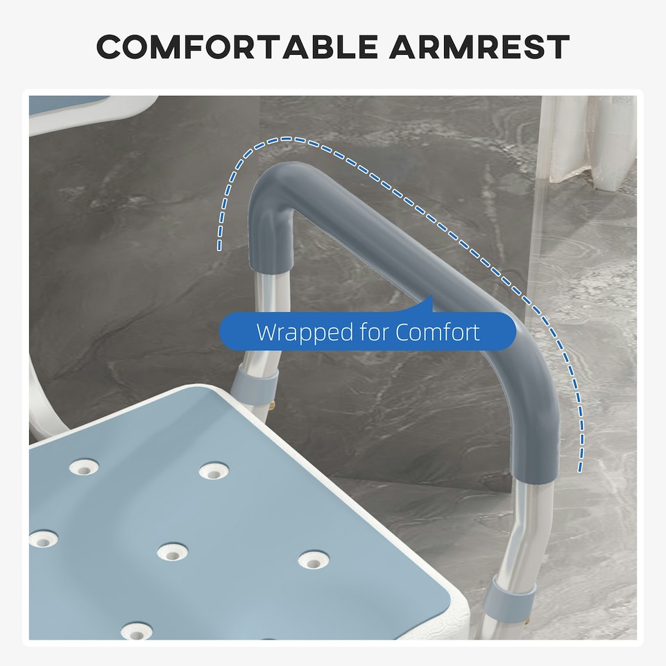image 1 of HOMCOM EVA Padded Shower Stool with Arms and Back, 4 Suction Foot Pads Blue