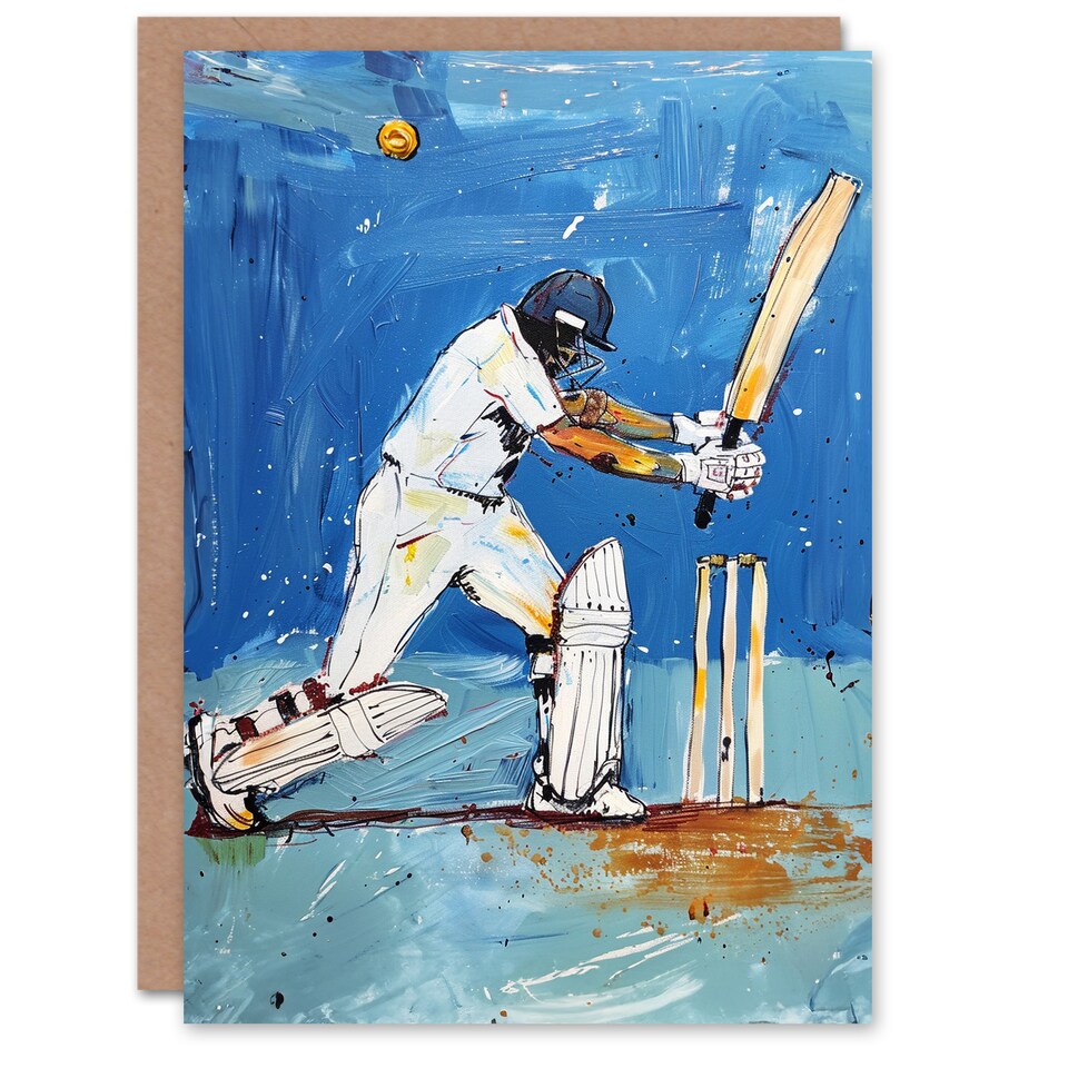 image 1 of Cricket Player Sport Batsman Wicket Painting Good Luck Card