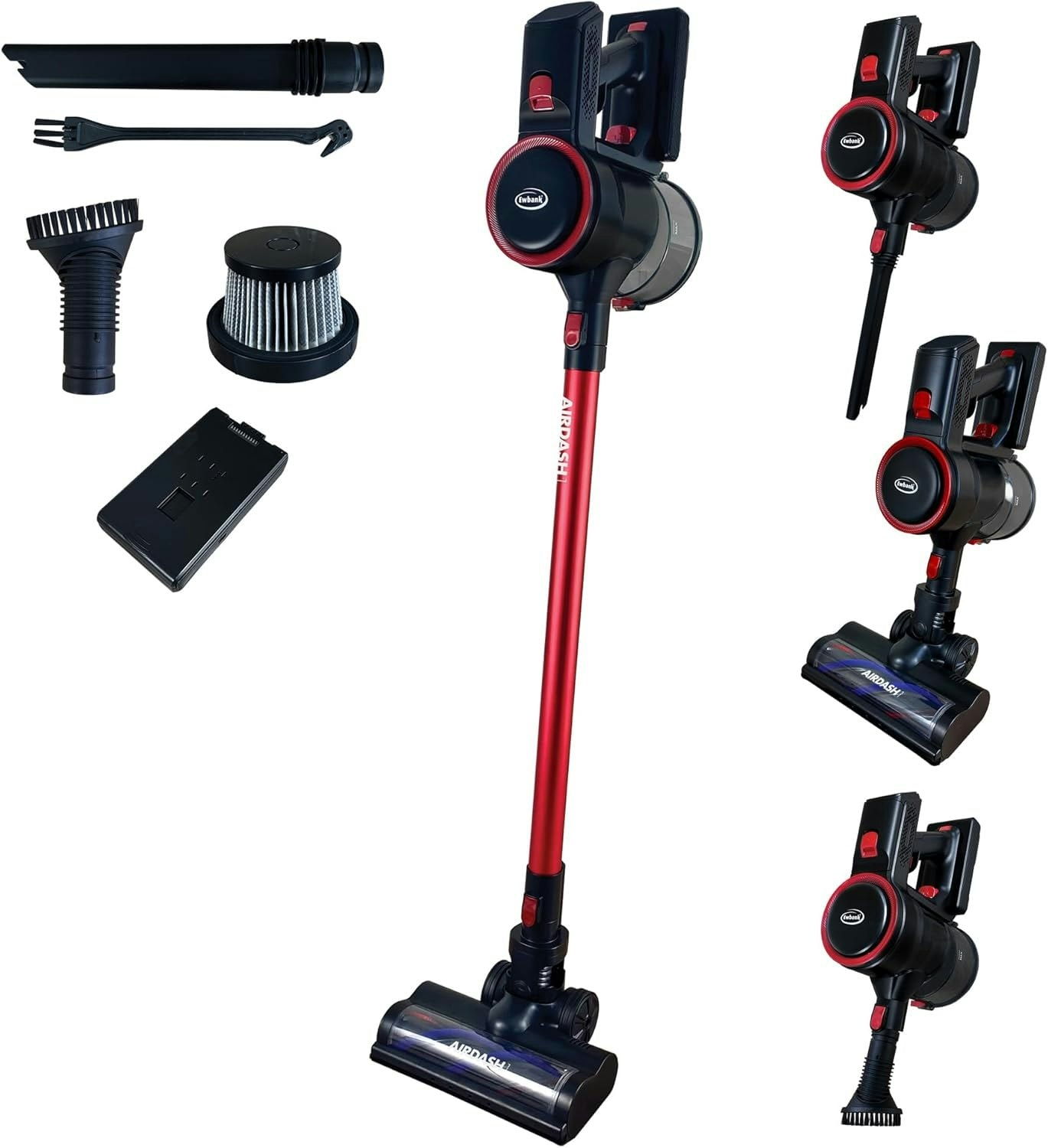 Ewbank EWVC3210 AIRDASH1 2-In-1 Cordless Stick Vacuum Cleaner, HEPA Filter, 700 ml Dust Capacity, Red/Black