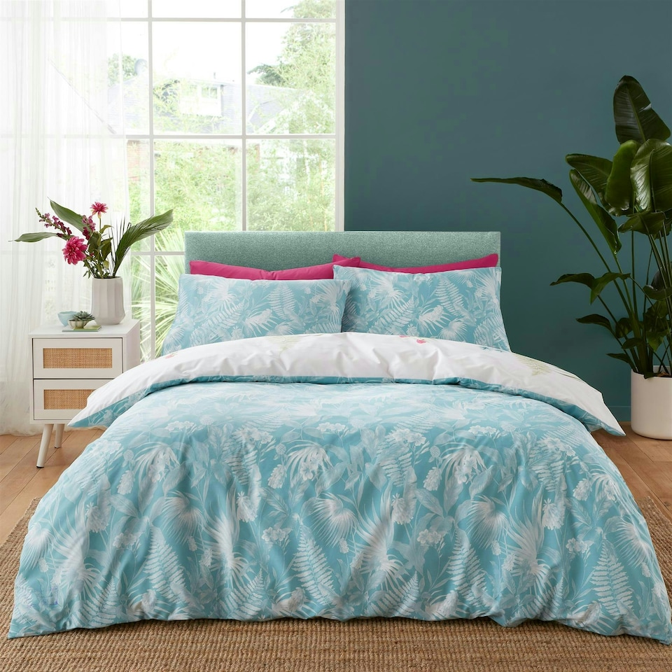 image 1 of Aruba Tropical Floral Reversible Duvet Cover Set | Green