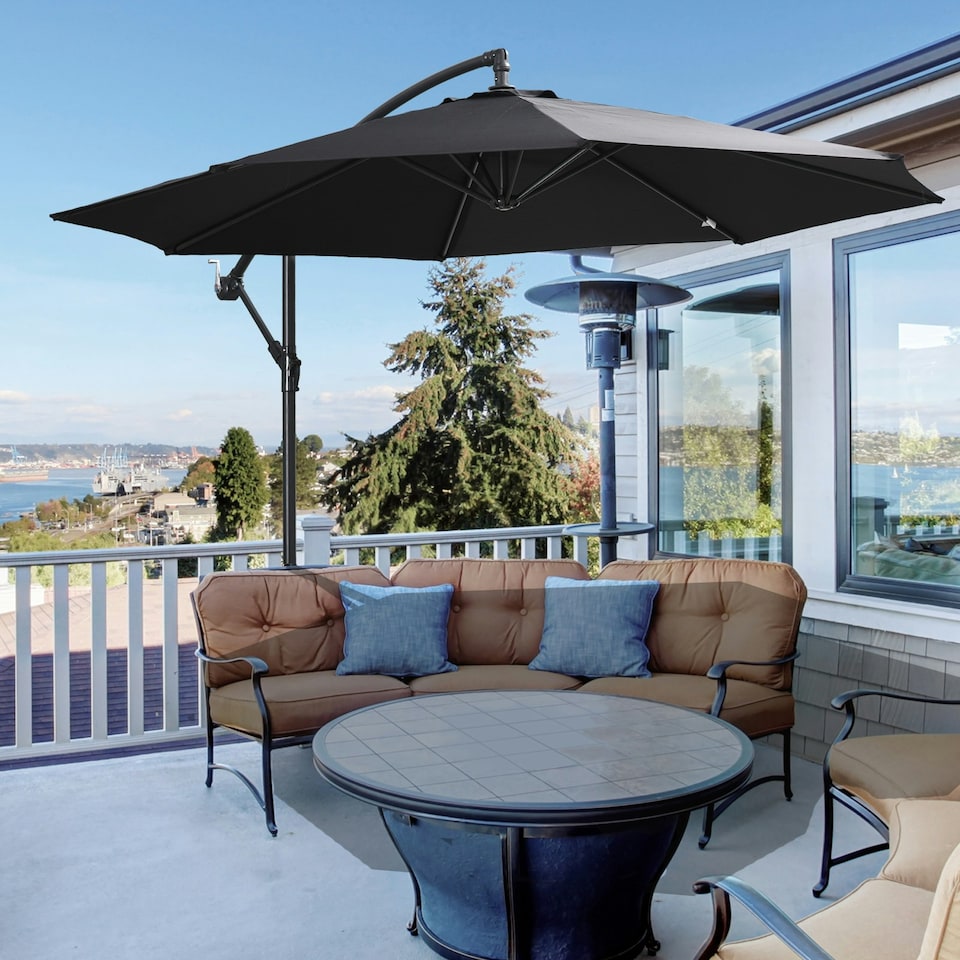 image 1 of Outsunny 3(m) Garden Banana Parasol Cantilever Umbrella w/Crank& Base, Black