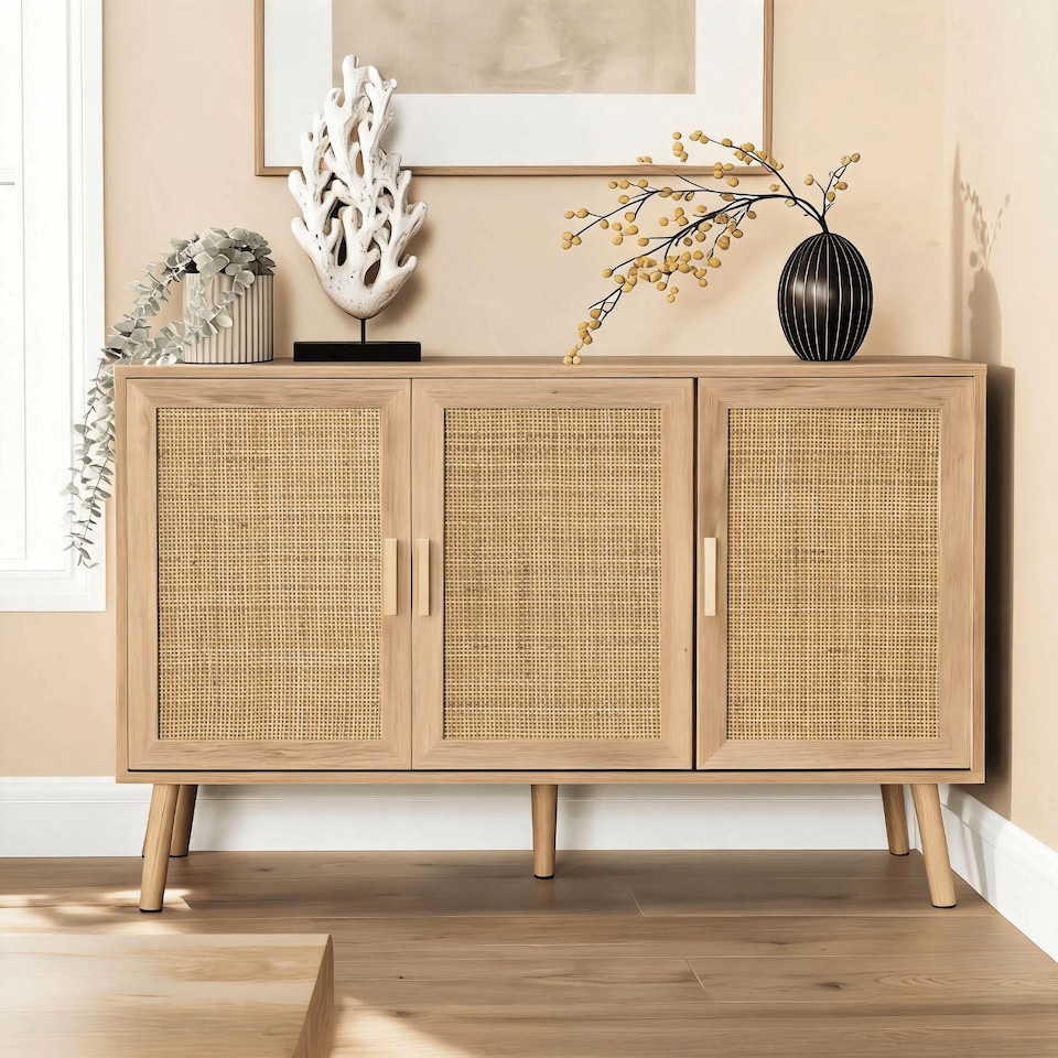 image 1 of Sideboard 3 Rattan Doors Solid Wooden Legs Cabinet Home Living Room Furniture