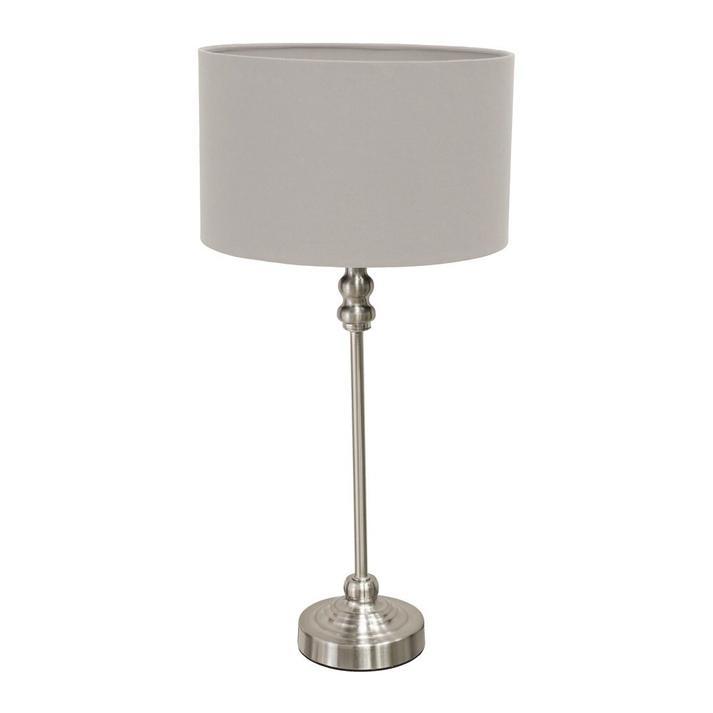 ValueLights Maggie Brushed Chrome Candlestick Table Lamp with Fabric Drum Shade & LED Bulb in Grey
